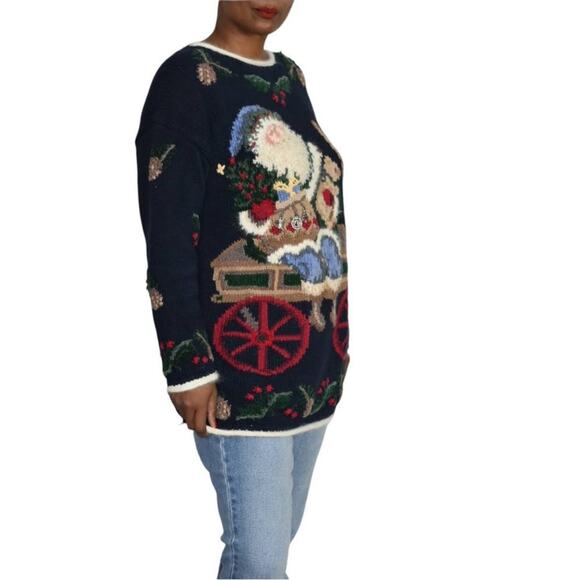 Ugly Christmas Sweater Santa Claus Vintage Northern Isles Tree Wreath Size Large - Picture 3 of 14